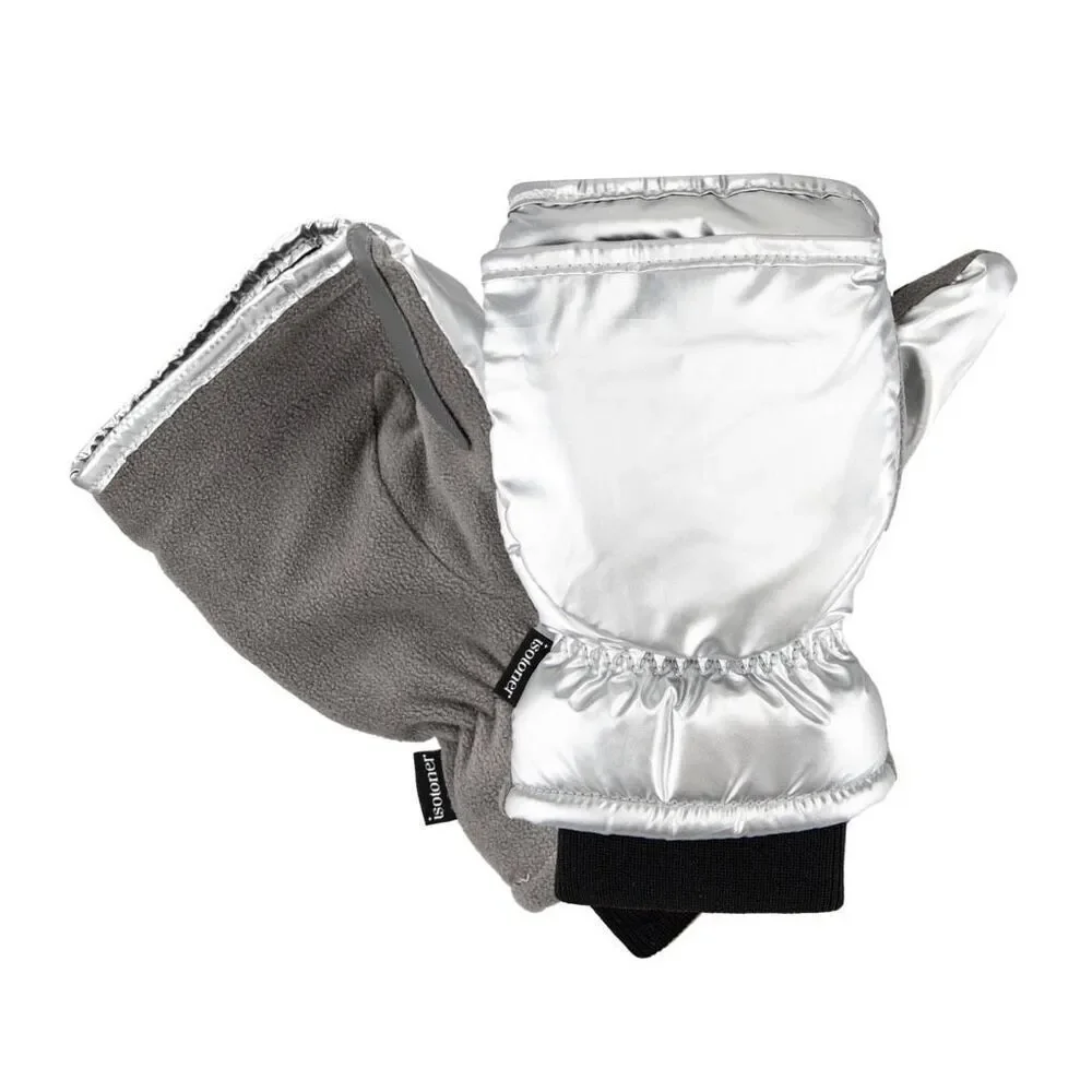 Isotoner Women’s Metallic Silver Flip-Top Mittens Warm Insulated L/XL New
